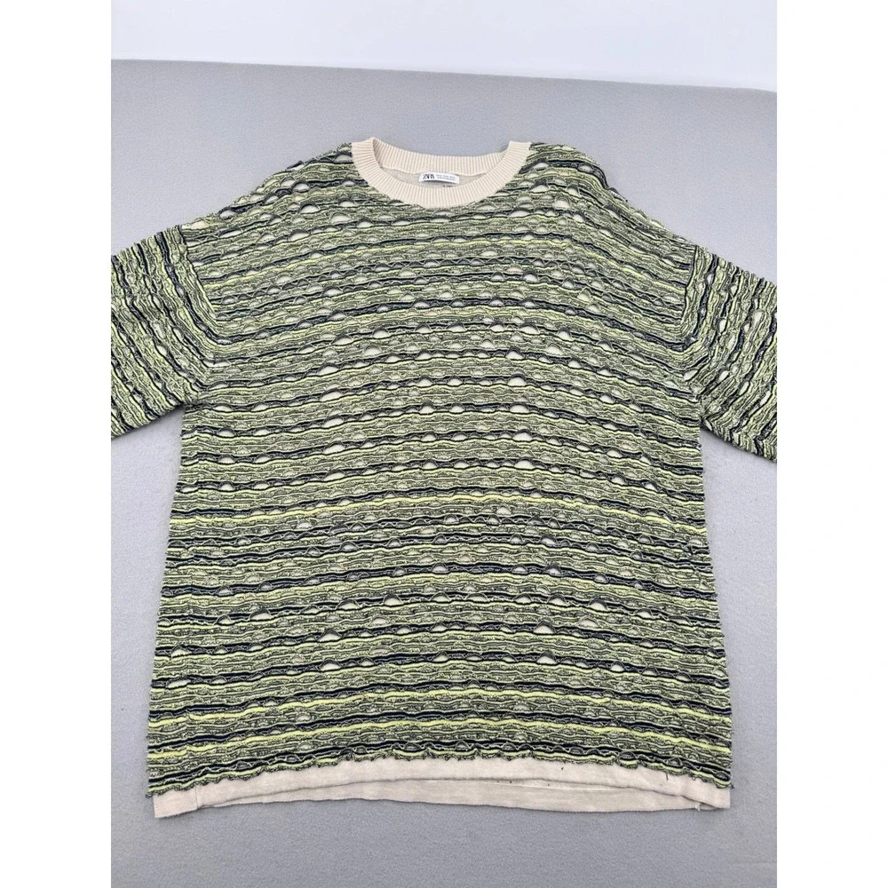 Zara Man Open Knit Striped Sweater Mens XL Green/Black Distressed Mesh Indie